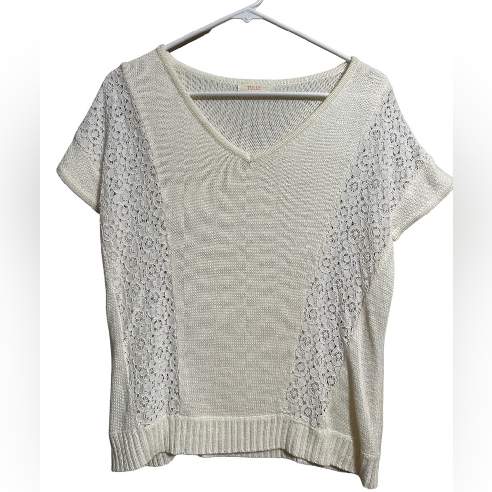 Tulle white knit and lace sweater top Large